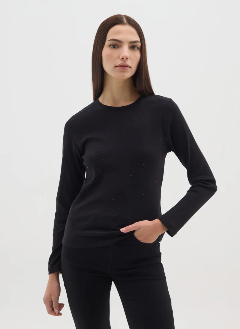 او في اس OVS Black Long Sleeve Shirt In Pure Cotton Regular Fit With Rhinestones